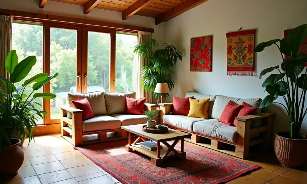 Decoração com Pallet: 30 Ideias Incríveis e Sustentáveis Sala de estar decorada com móveis de pallet e design sustentável.