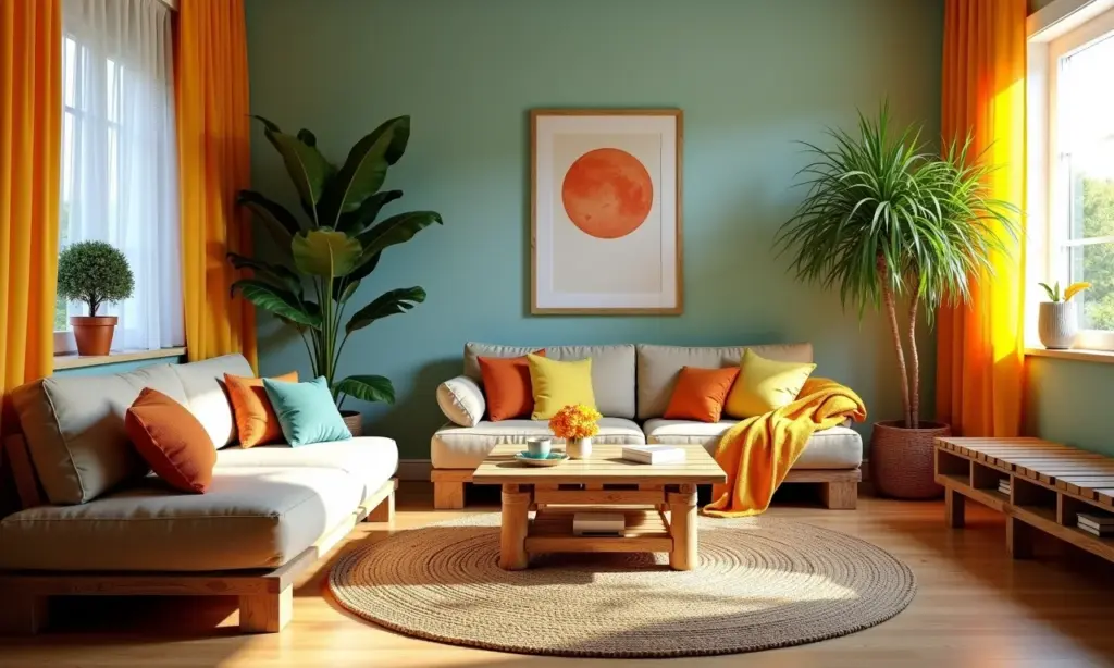 Decoração com Pallet: 30 Ideias Incríveis e Sustentáveis Sala de estar iluminada com móveis de pallet DIY, design brasileiro vibrante e luz natural.