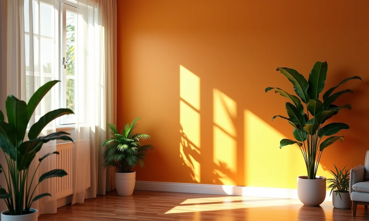 Sala de estar iluminada pela luz natural com cortinas translúcidas.