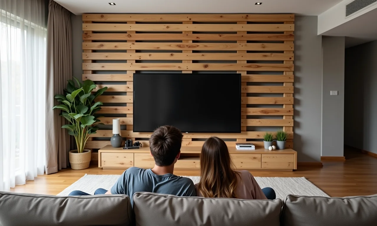 Sala moderna com painel de TV de pallet, decoração minimalista e texturas de madeira.