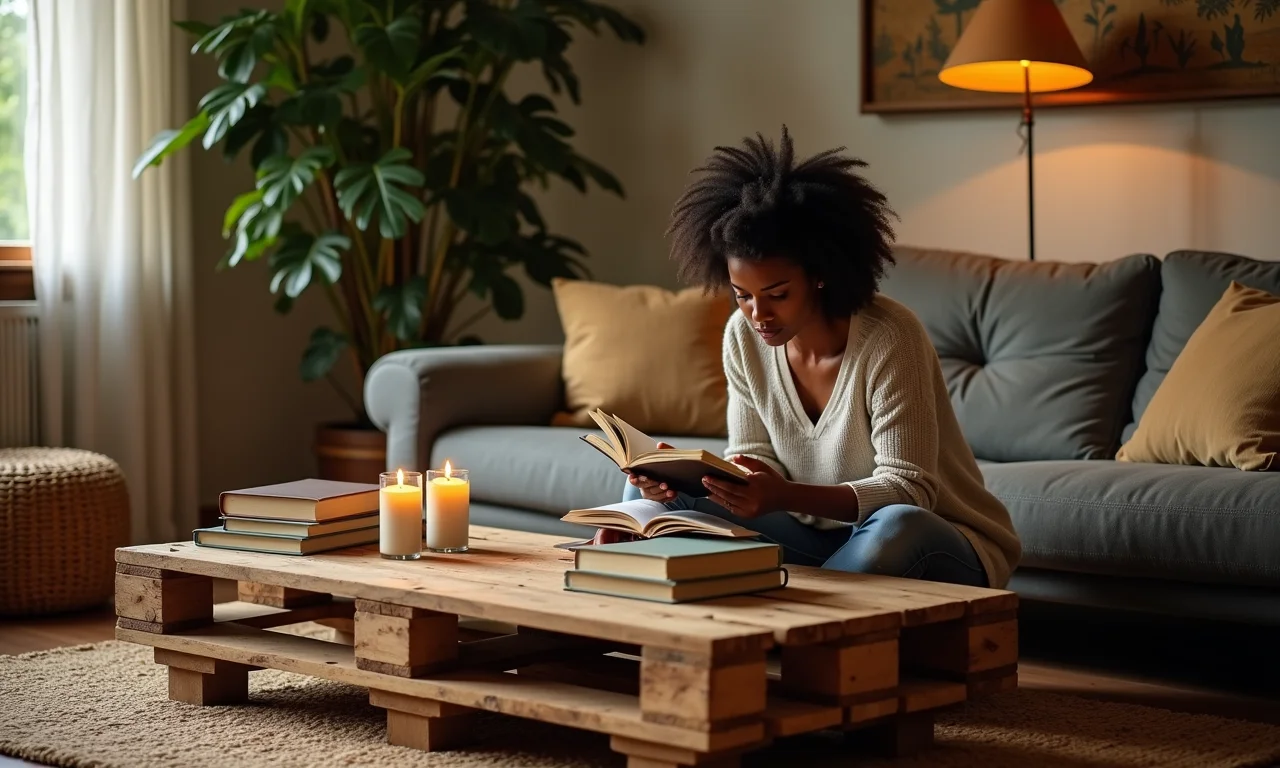 Sala rústica com mesa de centro de pallet, livros e velas.