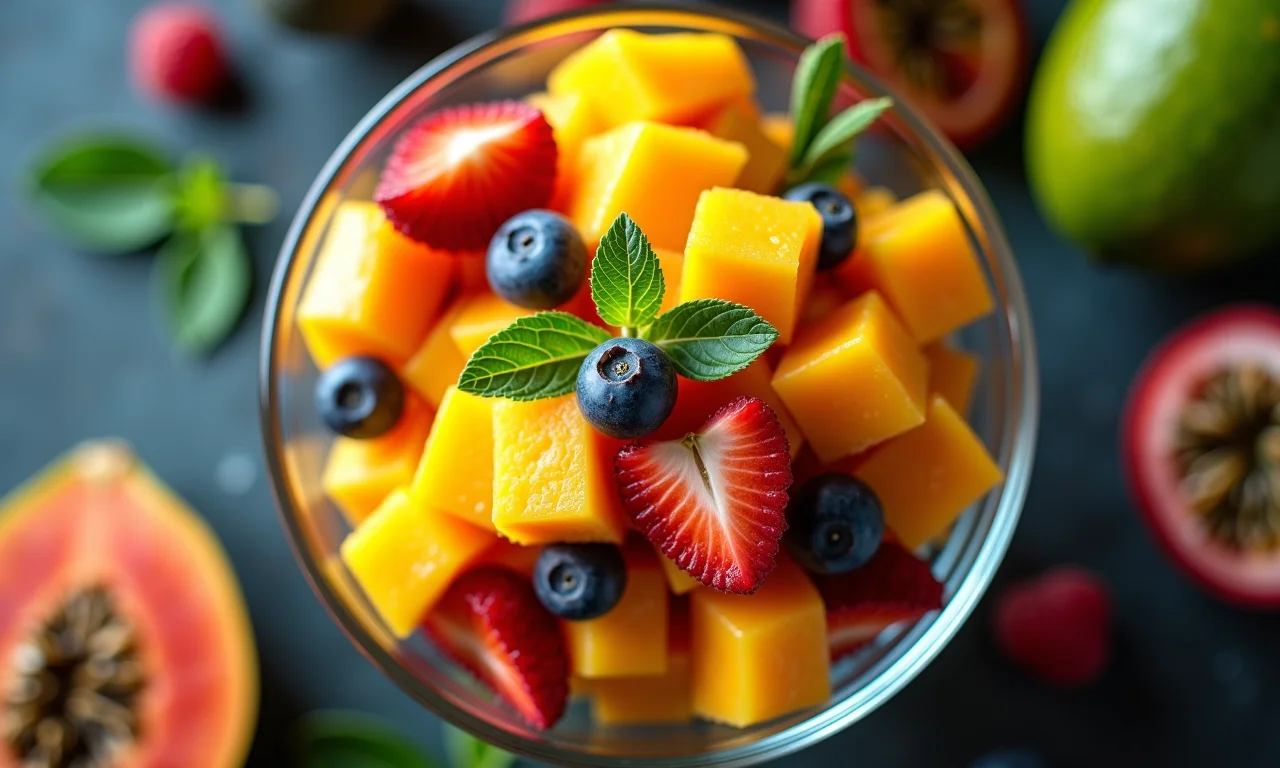 Salada de frutas colorida com manga, mamão e maracujá.
