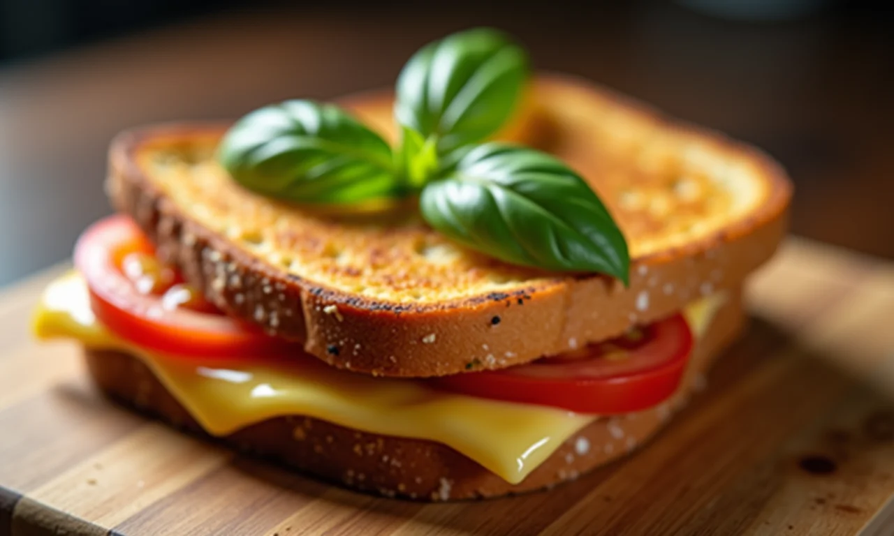 Sanduíche de queijo quente com tomate e manjericão, delicioso e reconfortante.