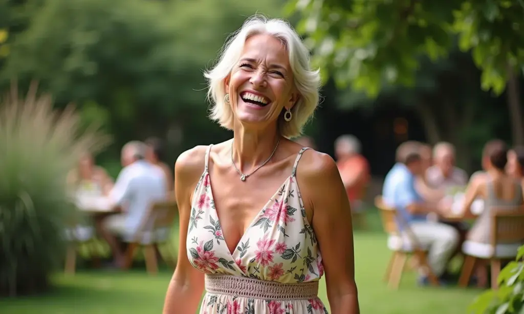 Vestido de festa para senhoras: elegância e conforto Senhora elegante sorrindo em festa, vestindo vestido de verão leve e confortável.