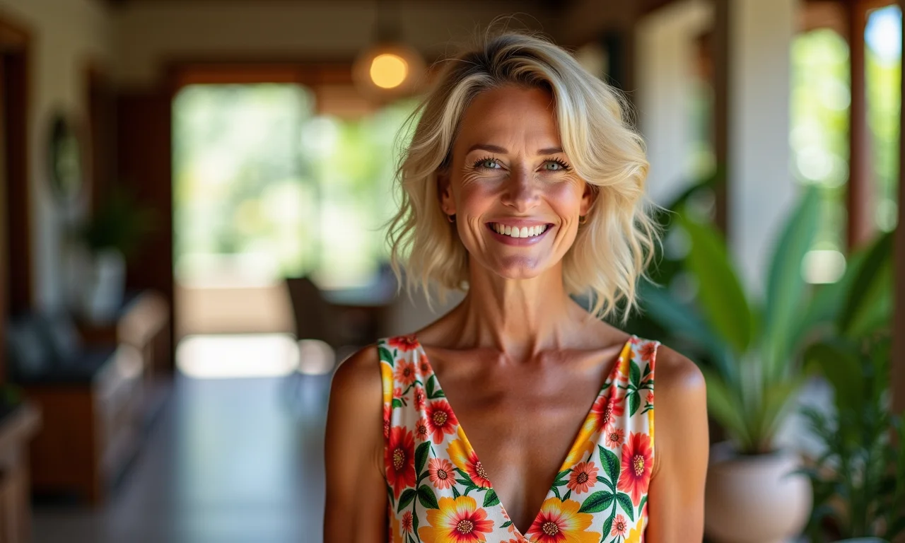 Senhora sorrindo em um vestido de festa estampado com flores vibrantes.