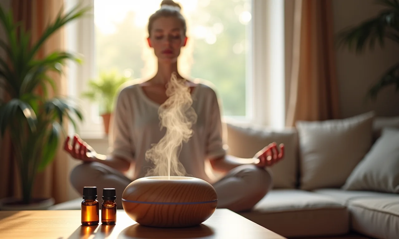 Sessão de aromaterapia em casa com difusor e óleos essenciais.