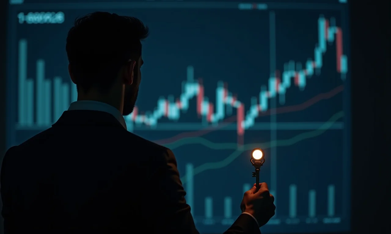 Silhueta de pessoa com chave olhando gráfico financeiro.