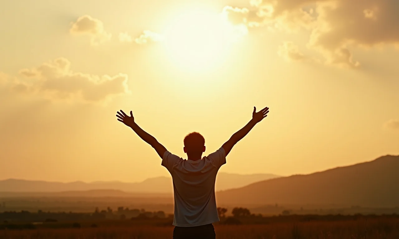 Silhueta de pessoa orando com braços abertos em paisagem serena.