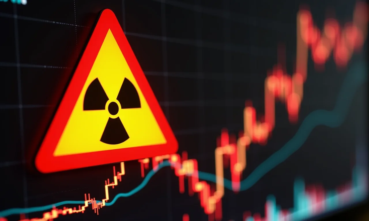 Sinal de alerta com o símbolo do urânio e gráfico financeiro em queda.