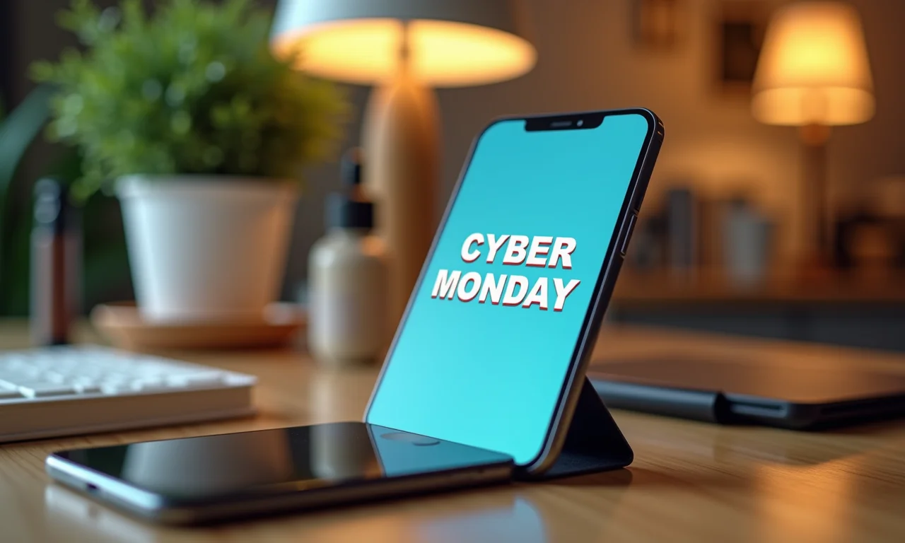 Smartphone mostrando promoções da Cyber Monday.