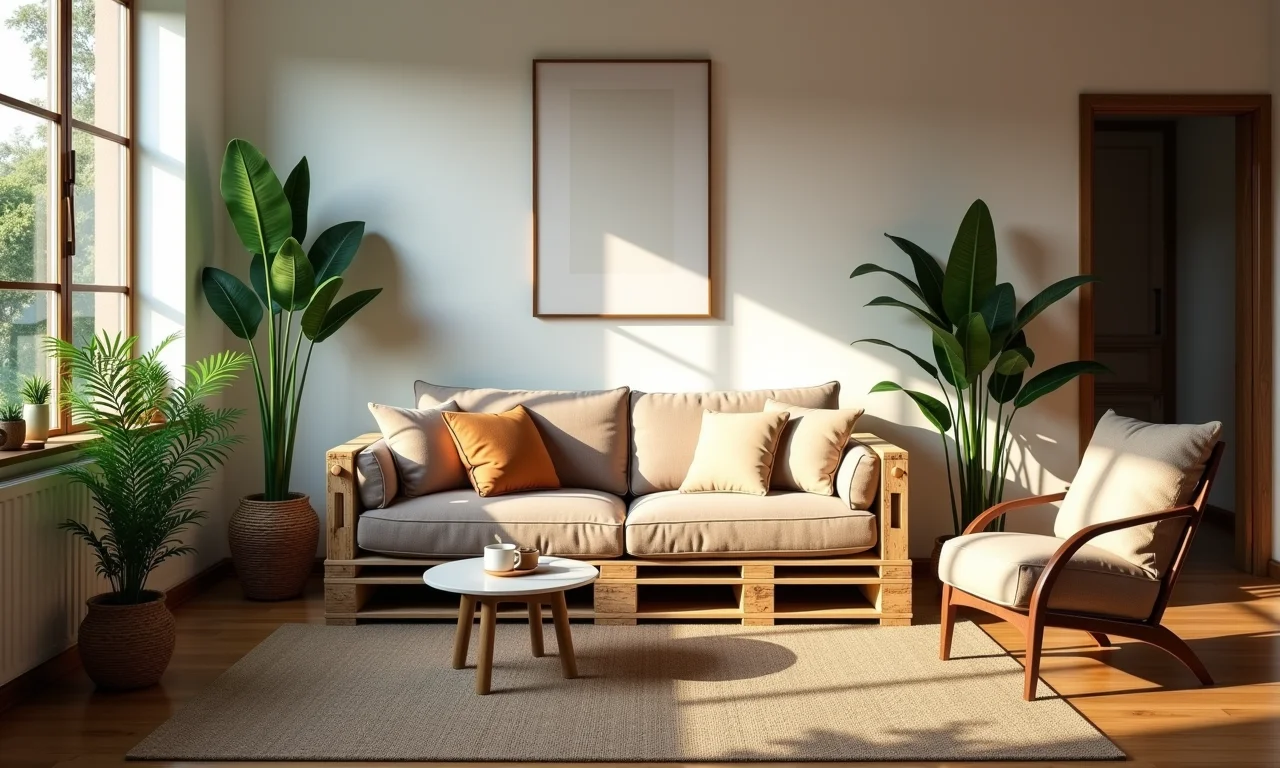 Sofá de pallet em uma sala de estar aconchegante com decoração brasileira.