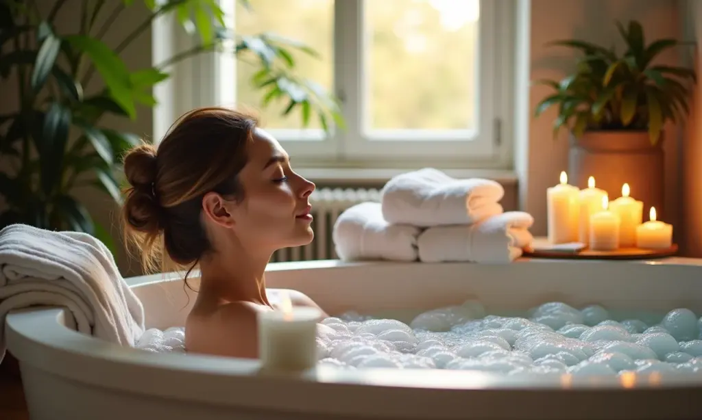 Spa em Casa: 10 Dicas de Decoração Para o Seu Refúgio Spa em casa aconchegante com luz natural e mulher relaxando.