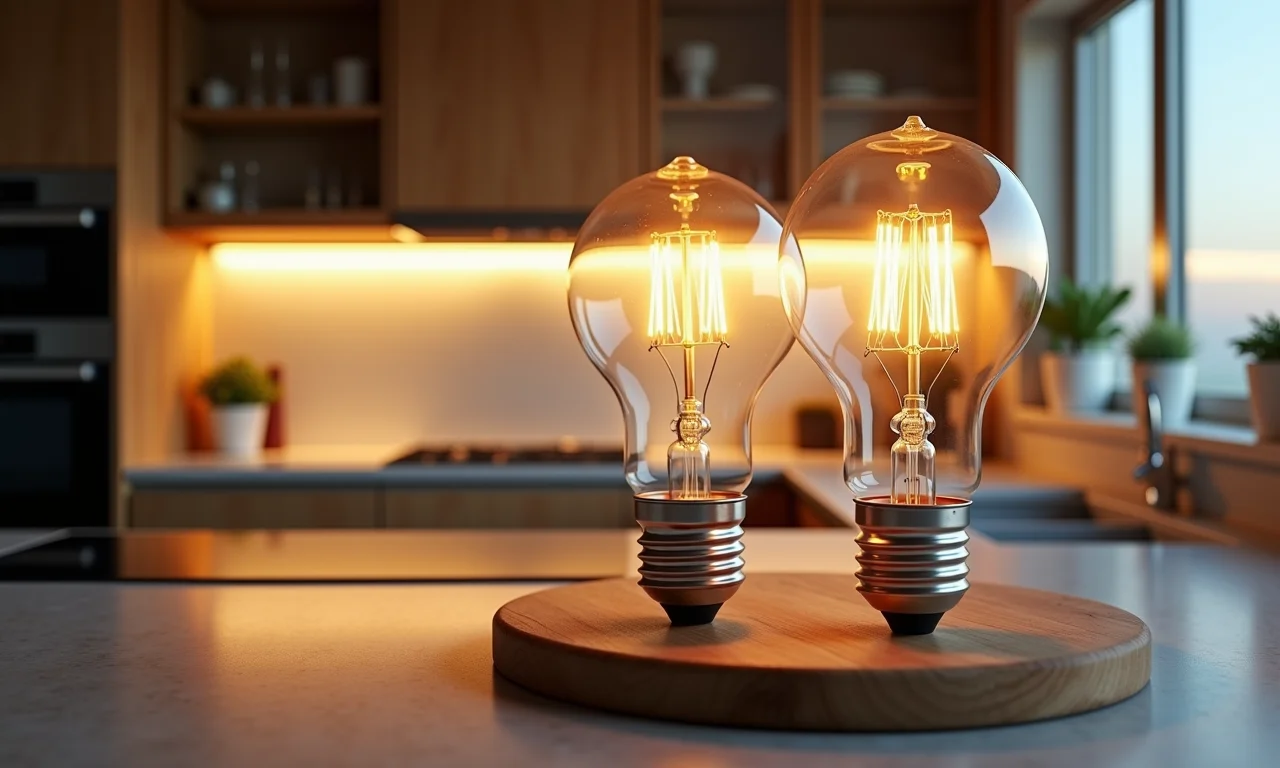 Substituição de lâmpadas incandescentes por LED em cozinha brasileira.