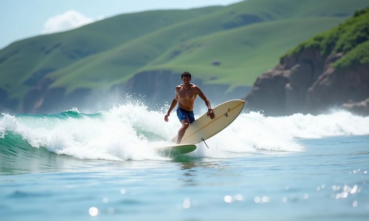 Surfista deslizando em onda na Praia da Guarda do Embaú, um paraíso para os amantes do surf e da natureza.
