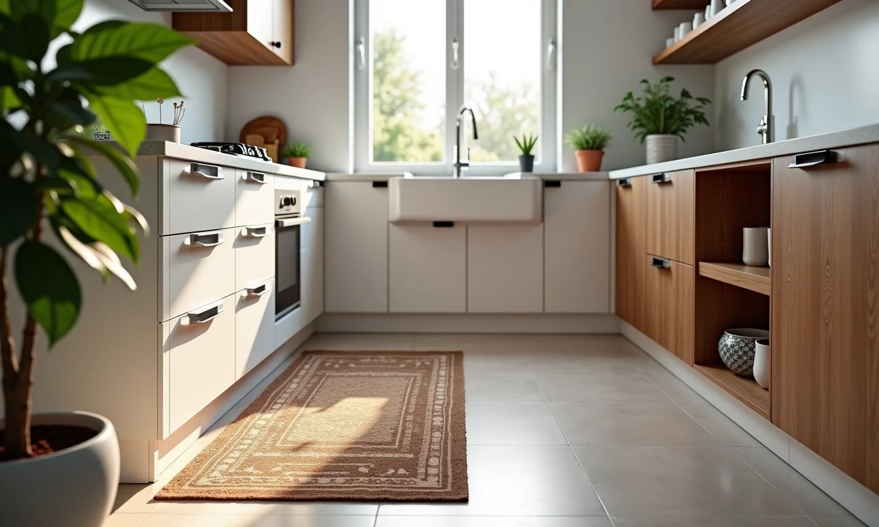 Tapete durável em frente à pia em cozinha com decoração brasileira.