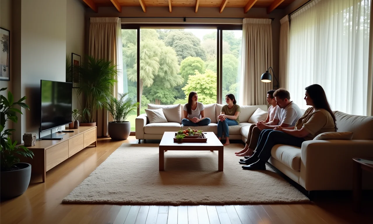 Tapete grande delimitando área de estar em sala com decoração brasileira.