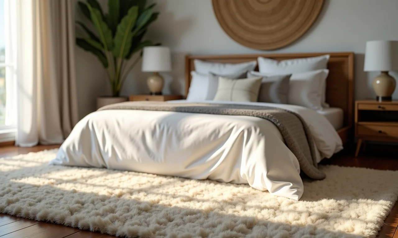 Tapete macio ao lado da cama em quarto com decoração brasileira.