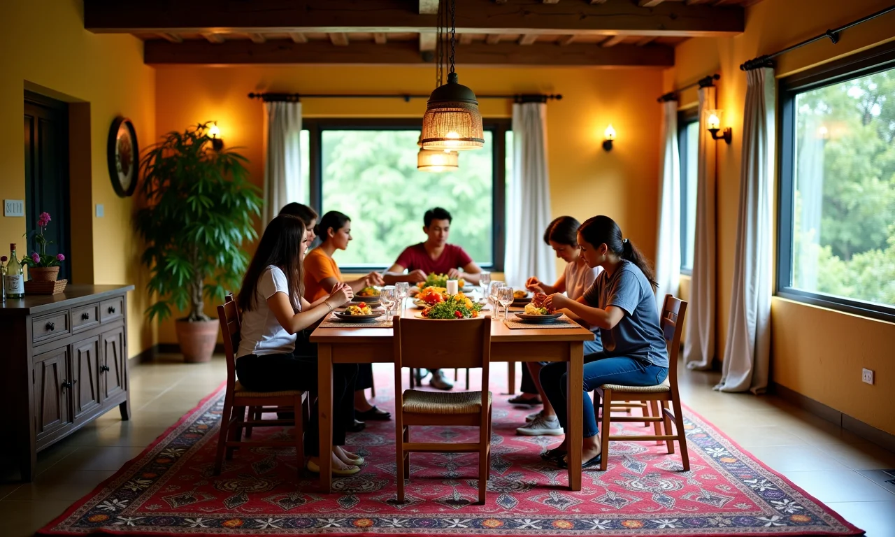 Tapete vibrante sob mesa de jantar em sala com decoração brasileira.