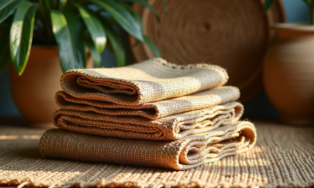 Tapetes de sisal e juta empilhados com textura natural.