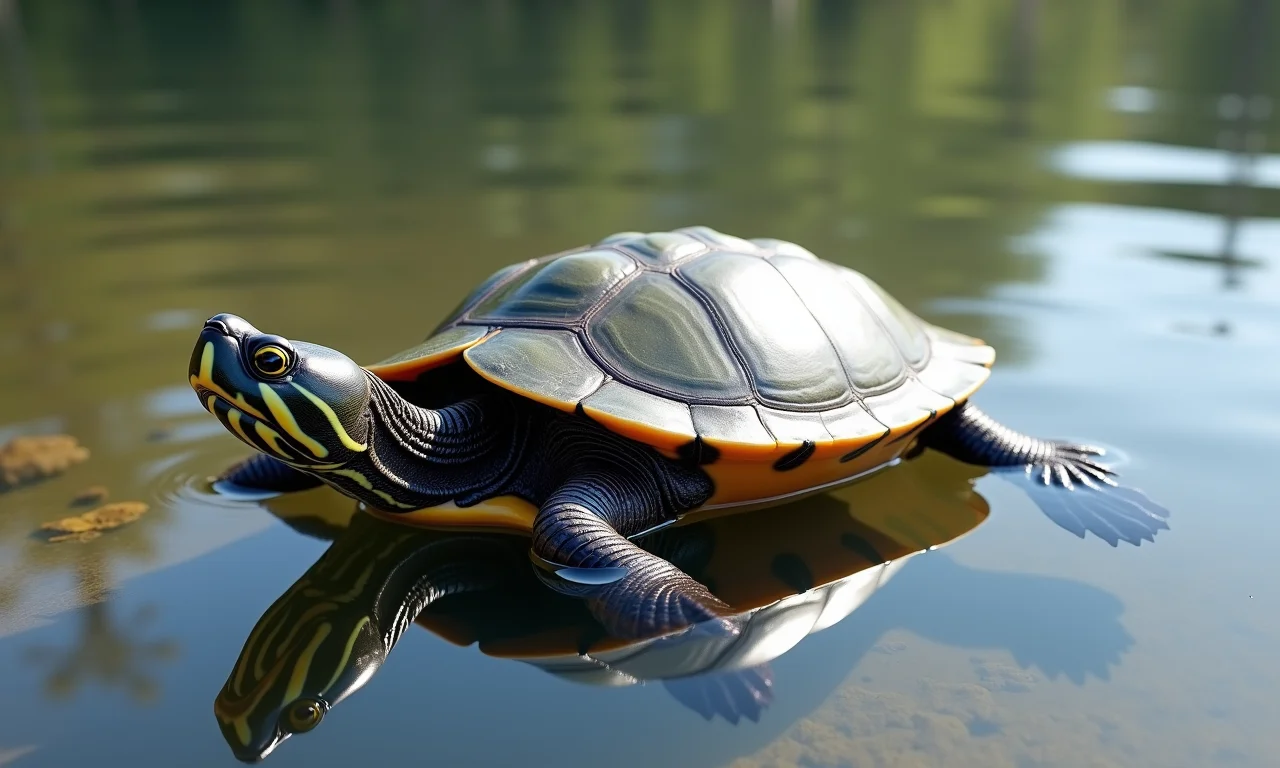 Tartaruga com casco achatado e hidrodinâmico nadando em águas claras de um rio brasileiro.