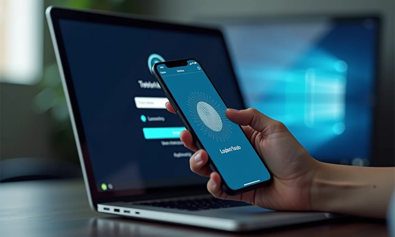 Tela de autenticação multifator (MFA) com verificação por telefone e biometria.