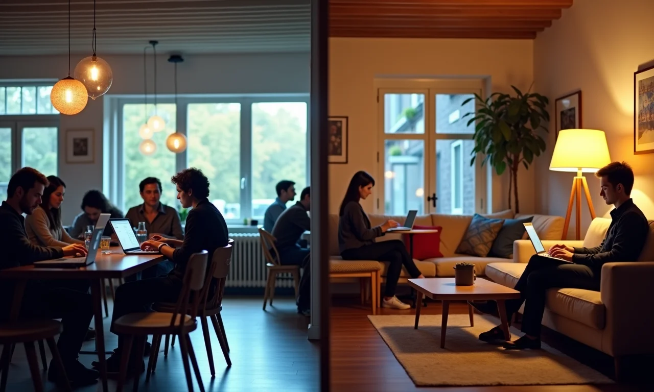 Tela dividida mostrando um café público e uma sala de estar, representando a diferença entre IPs públicos e privados.