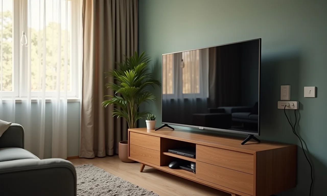 Televisão em stand-by consumindo energia em sala de estar.