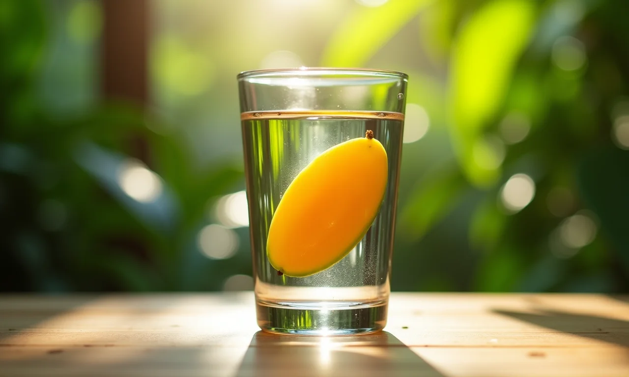 Teste da boia com caroço de manga em copo com água.