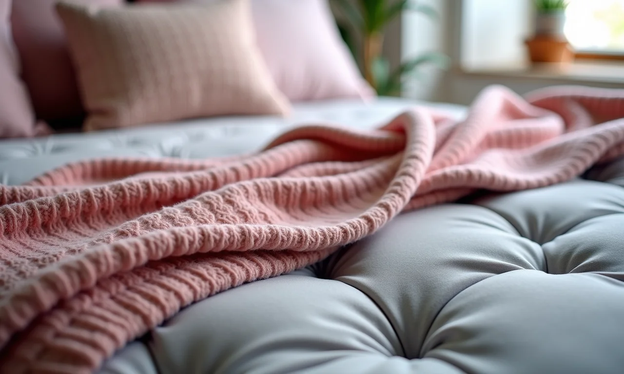 Texturas aconchegantes em um quarto cinza e rosa: manta de tricô e almofadas.