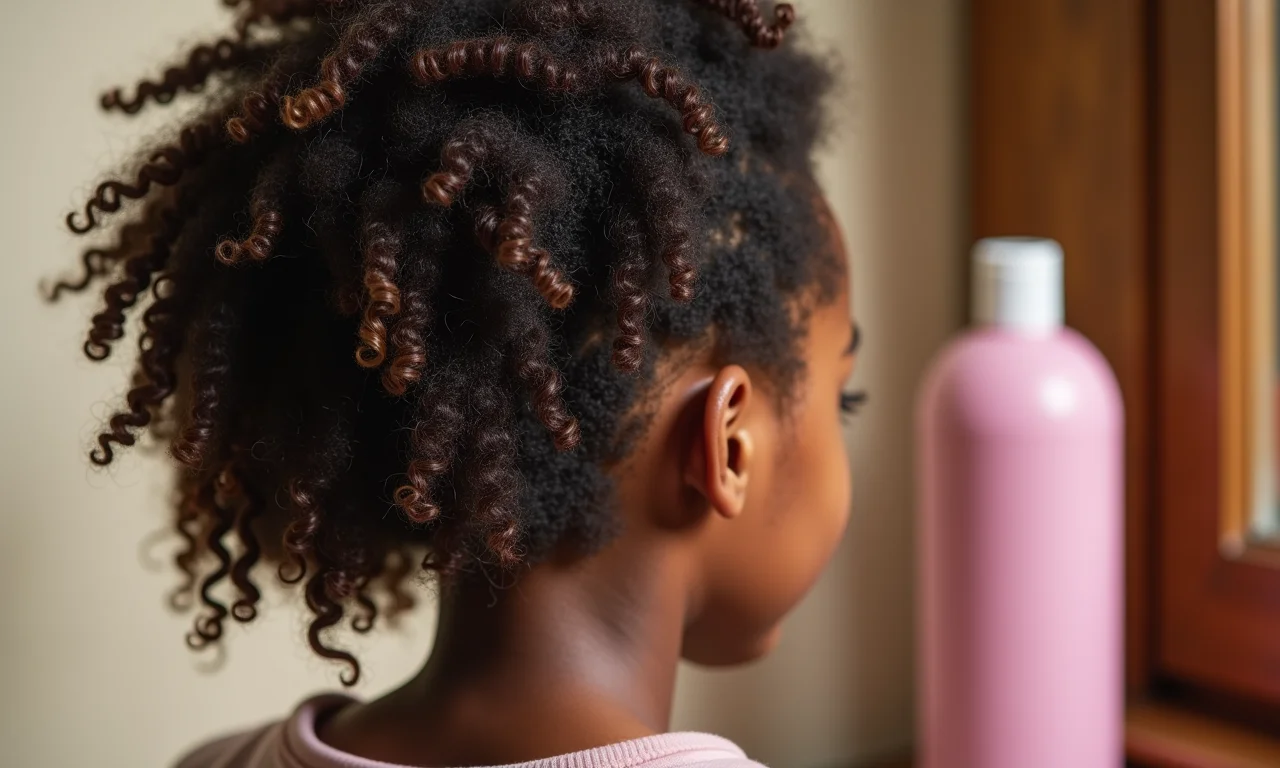 Texturas de cabelo natural com shampoo Low Poo ao fundo.