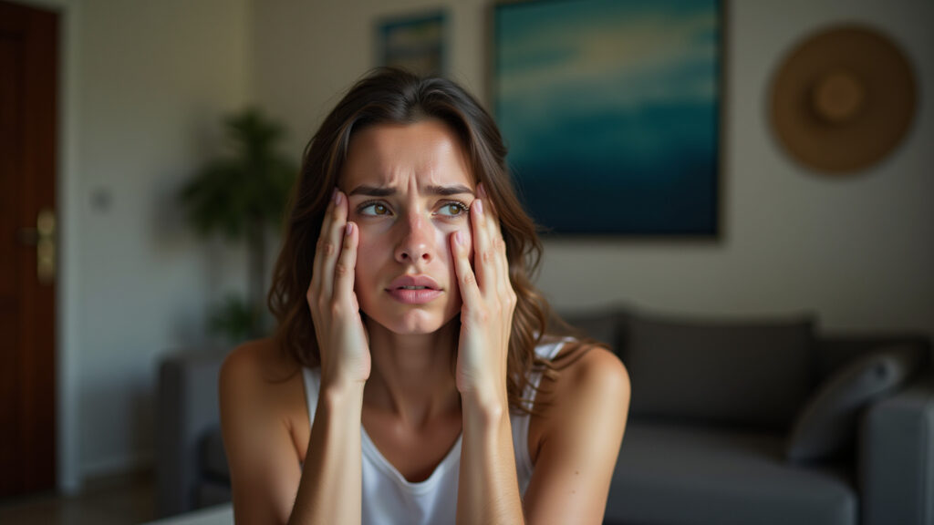 Tigrinho bonus problems, frustrated woman, Brazilian living room, 8K, sharp focus, natural Mulher frustrada com problemas no bônus Tigrinho.