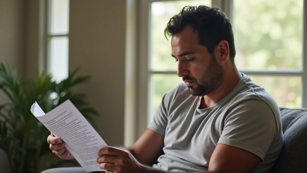 Tigrinho bonus terms, man reading small print, Brazilian home, 8K, sharp focus, natural light, Homem lendo termos e condições do bônus Tigrinho.