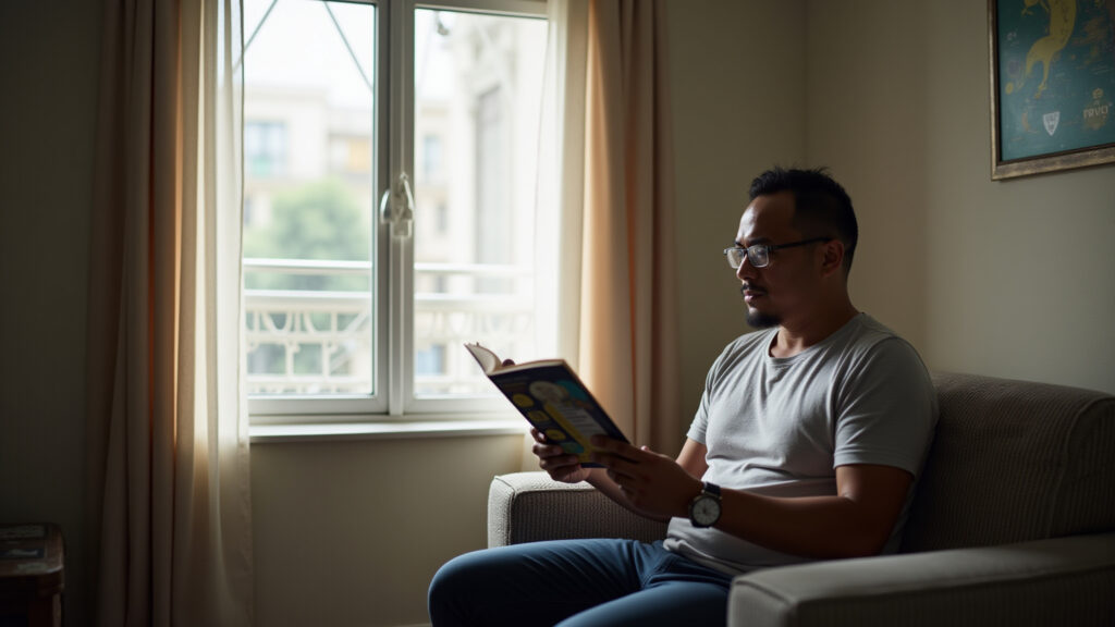 Tigrinho bonus withdrawal, confused man reading terms, Brazilian apartment, lifestyle, 8K, sharp Homem confuso com saque do bônus Tigrinho.