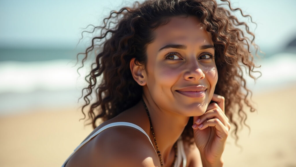 Tigrinho bonus worth it, thoughtful woman, Brazilian beach, 8K, sharp focus, natural light, Mulher pensando se o bônus Tigrinho vale a pena.