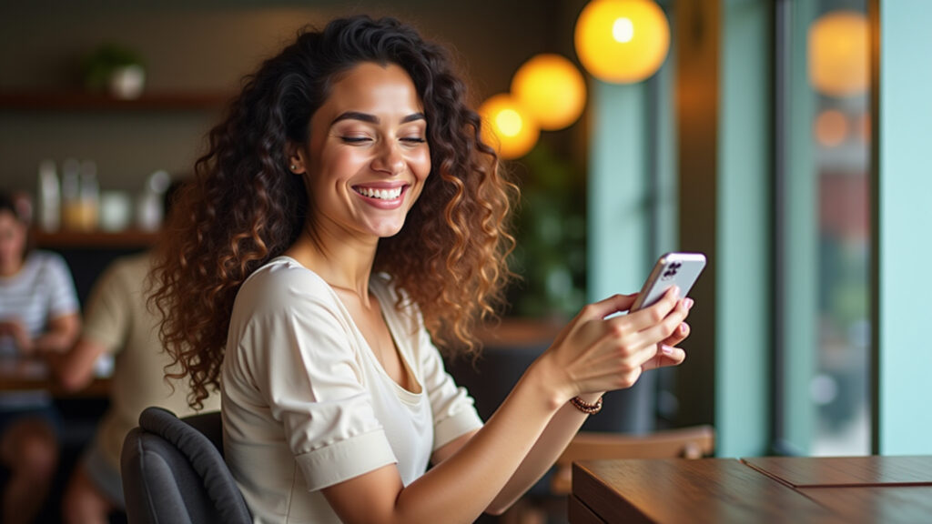 Tigrinho no deposit bonus, happy woman playing on phone, Brazilian cafe, 8K, sharp focus, natural Mulher feliz jogando Tigrinho com bônus sem depósito.