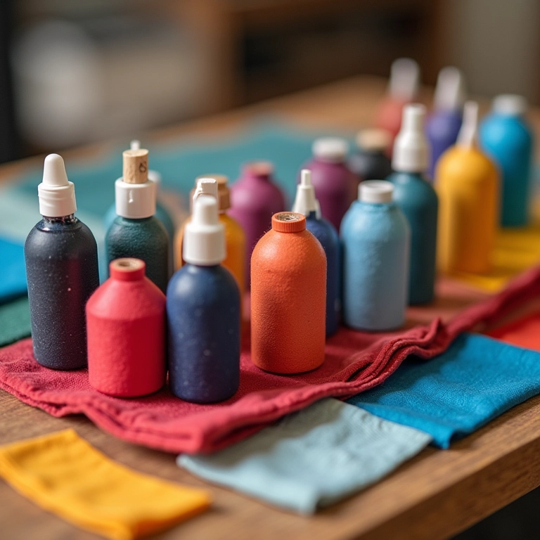 Tintas de tecido e amostras de cores para tingimento.