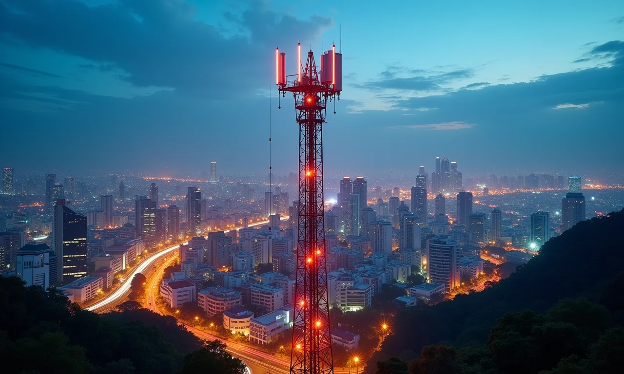 Torre de rede 5G em cidade brasileira vibrante, conectando dispositivos IoT e cidades inteligentes.