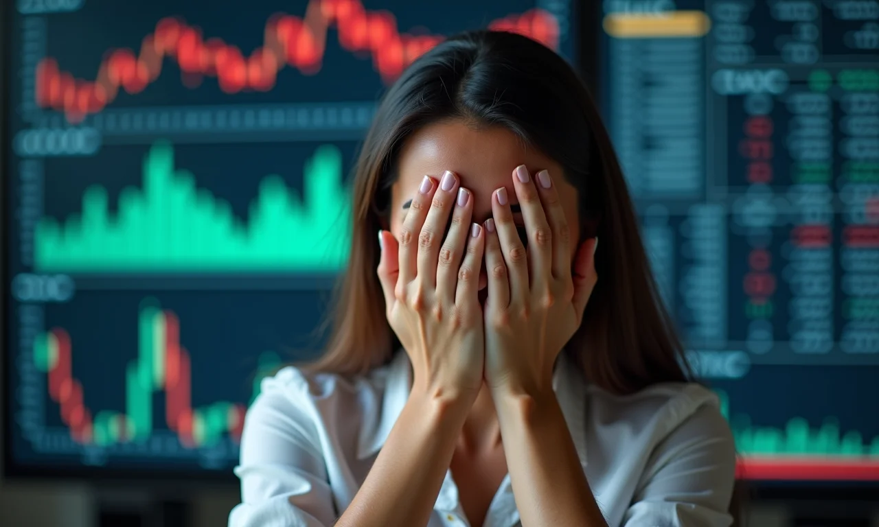 Trader cobrindo o rosto, sobrecarregada pela emoção no mercado.
