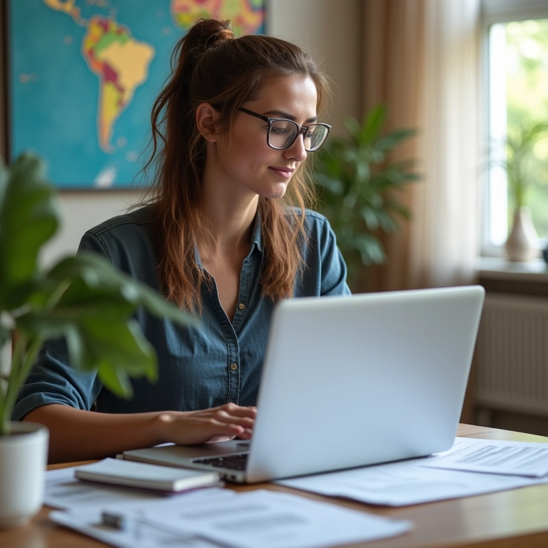 Tradutora trabalhando em documentos de idiomas em escritório iluminado.