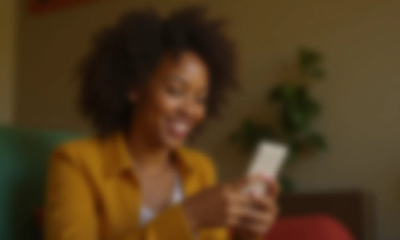 Usuária sorrindo ao navegar em um site responsivo em um smartphone com interface intuitiva.