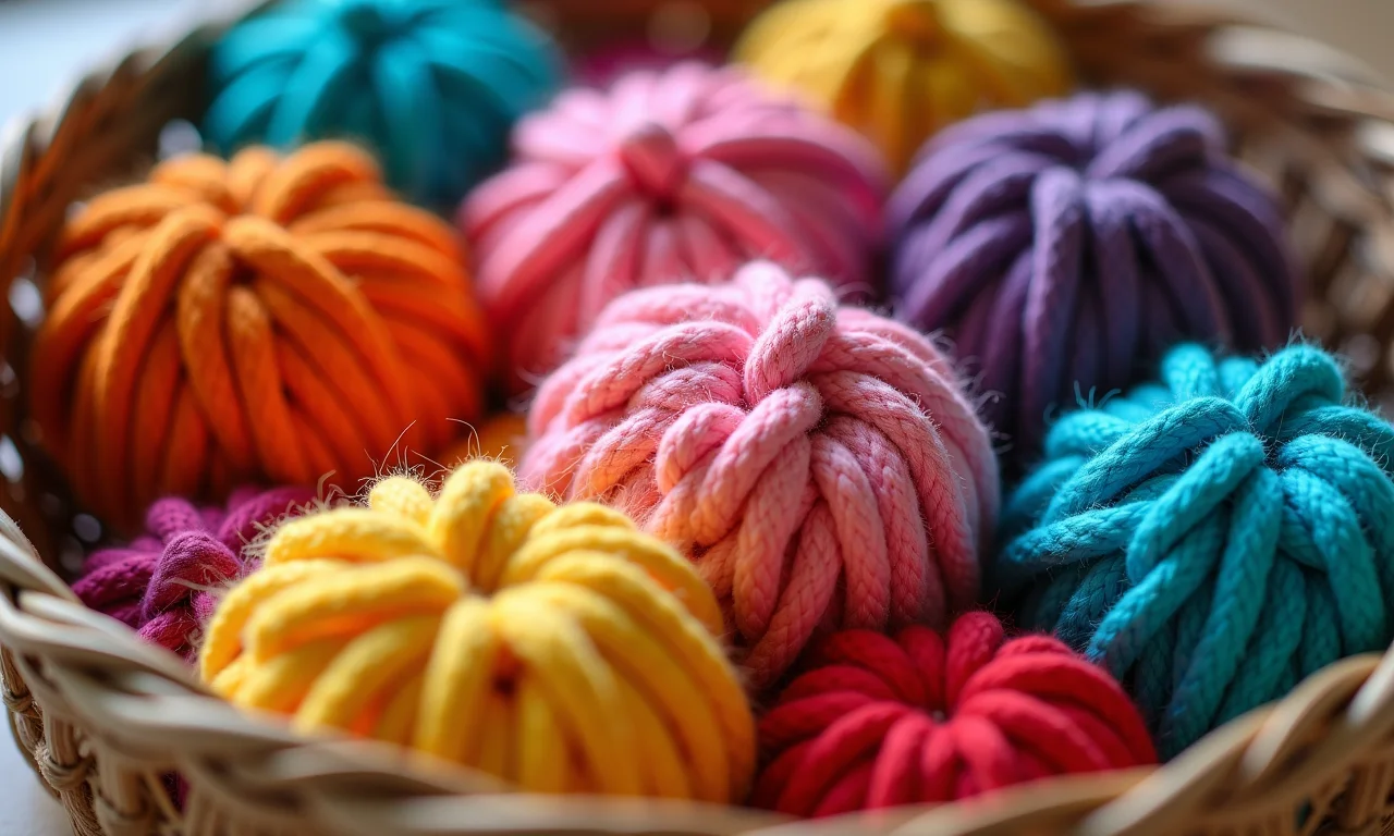 Variedade de barbantes Círculo em um cesto, exibindo cores vibrantes e texturas de algodão.