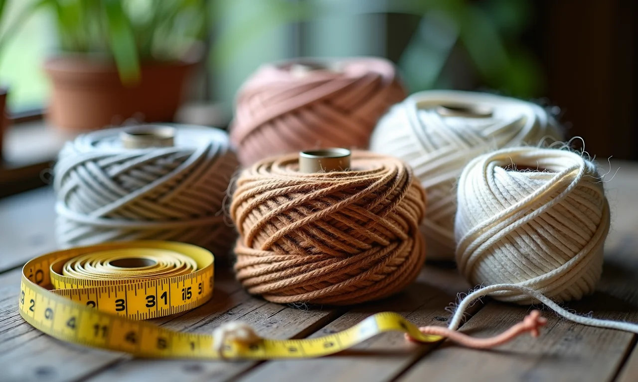 Variedade de barbantes para macramê: algodão, juta e nylon, dispostos sobre mesa rústica.