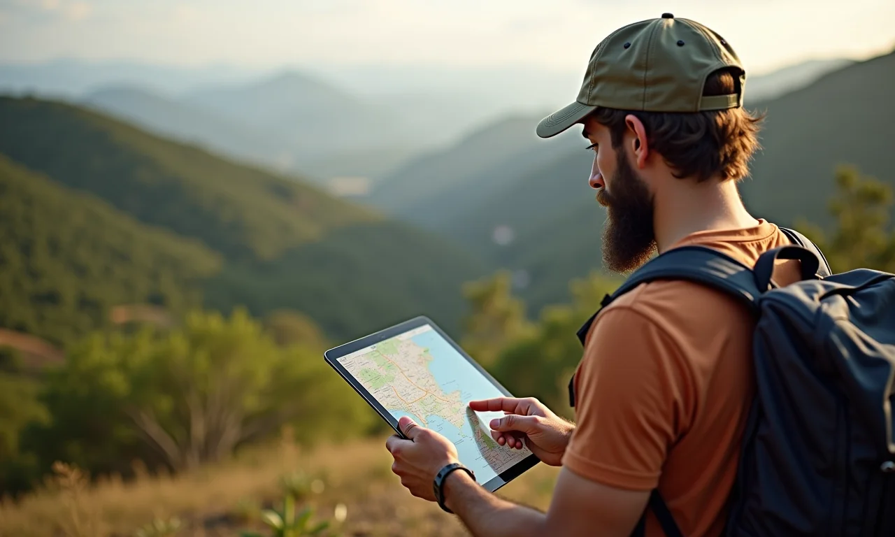 Viajante usando mapa offline em tablet na natureza.