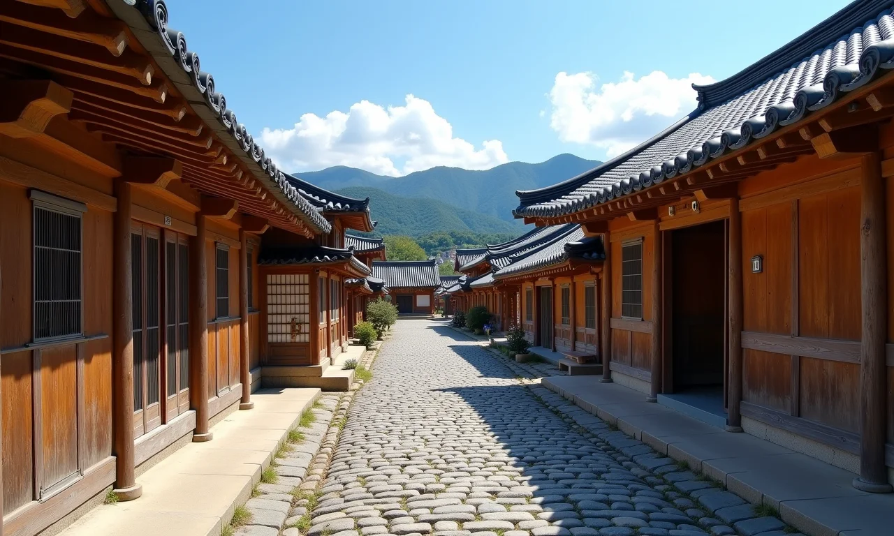 Vila Bukchon Hanok com casas tradicionais coreanas em dia ensolarado.