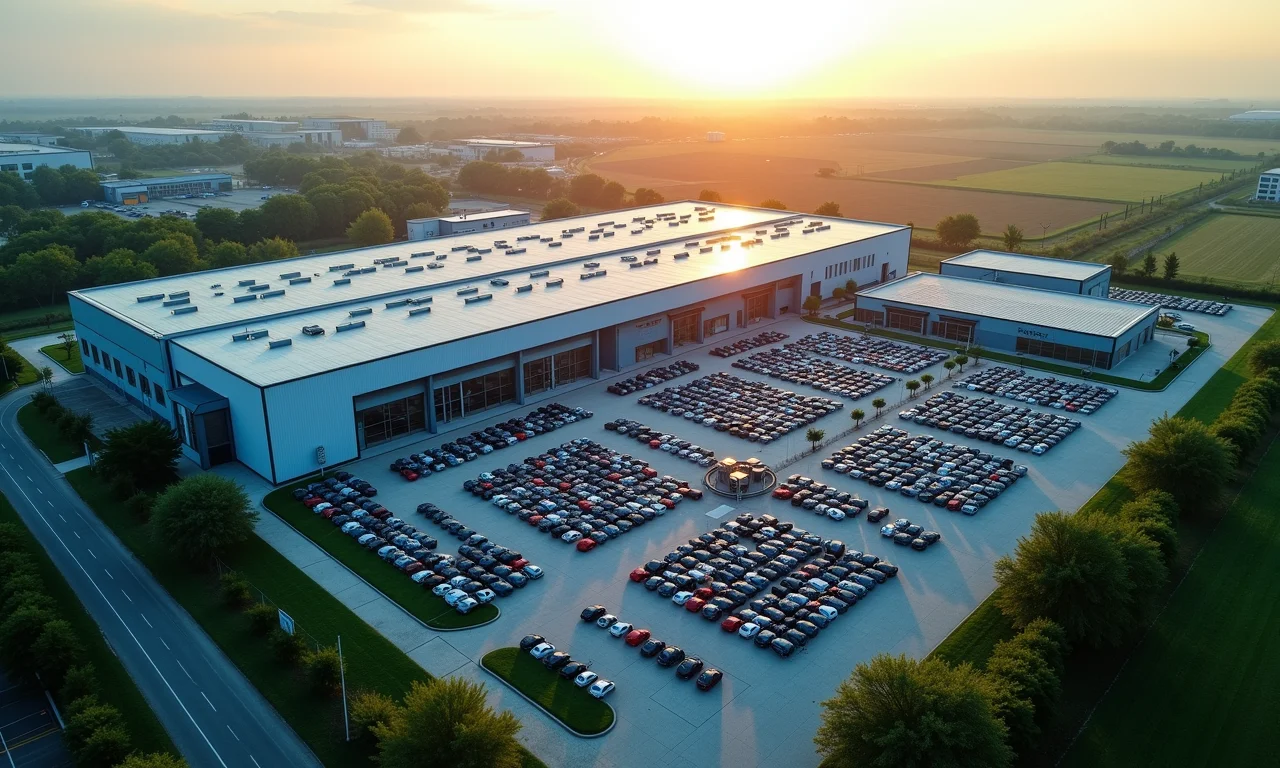 Visão aérea de uma fábrica automotiva moderna e sustentável.