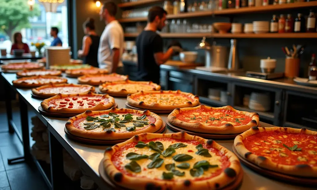 Visão geral de uma pizzaria vibrante em São Paulo, mostrando variedade de pizzas e equipe amigável.