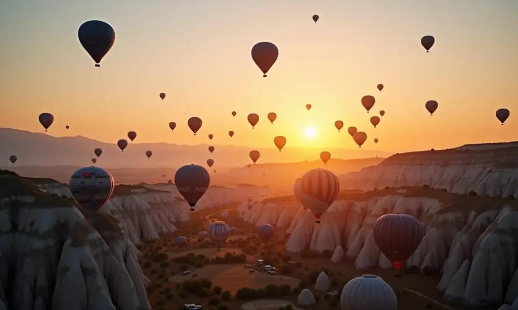 Guia Turquia: O que Saber Antes da Viagem Vista aérea da Capadócia ao amanhecer com balões de ar quente.