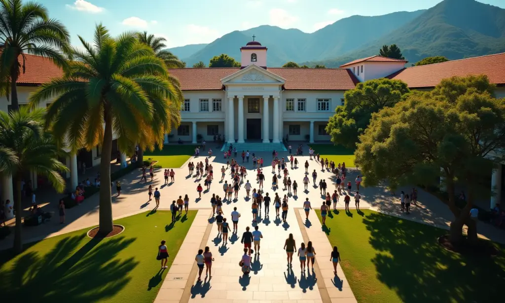 Censo da Educação Superior: Os Números das Faculdades Vista aérea de um campus universitário brasileiro vibrante, cheio de estudantes diversos.