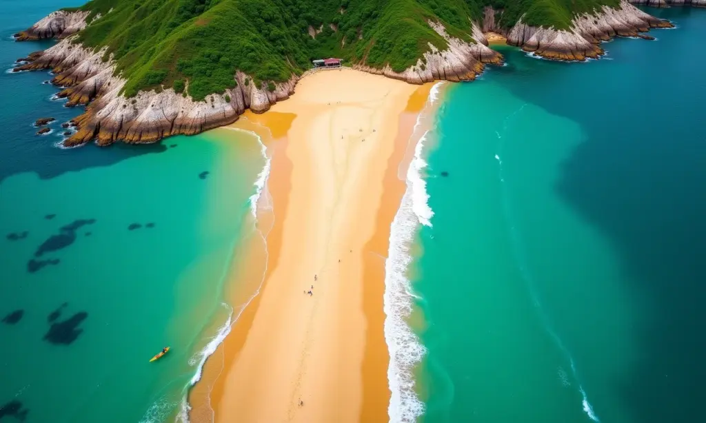 Mapa de Praias do Brasil: Litoral de Norte a Sul Vista aérea de uma praia brasileira vibrante com águas turquesa e areia dourada.