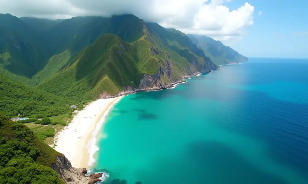 Praias de Santa Catarina: As Mais Belas Vista aérea deslumbrante da costa de Santa Catarina com praias paradisíacas e natureza exuberante.